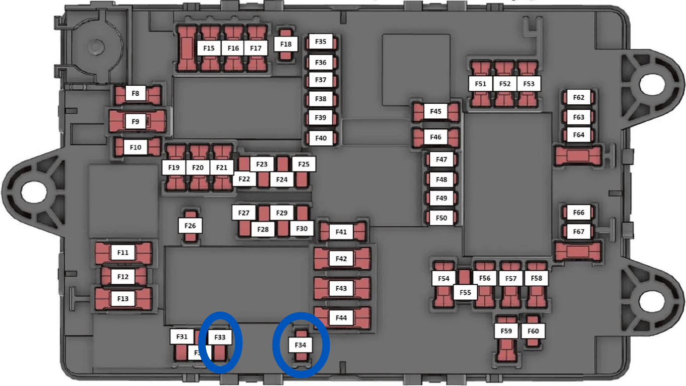 Rivian fuse panel — F34 circled